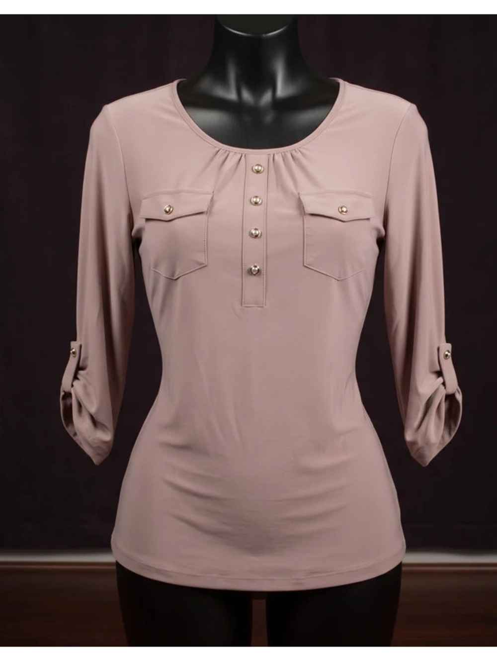 PerSeption Concept Taupe Knit Blouse XL – 3/4 Roll-Tab Sleeve Henley Top